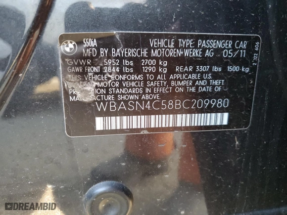 2011 BMW 5 Series Gran Turismo 550i with VIN WBASN4C58BC209980, listed as a Copart auction lot 88173175 with 81,351 mi miles and Salvage Title. Bid and sale history available at carsss.com. Image 12.
