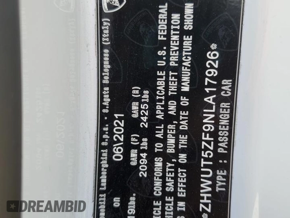 2022 Lamborghini Huracan z VIN ZHWUT5ZF9NLA17926, wystawiony jako Copart lot #83543394 z przebiegiem 5 830 mil mil oraz Szkoda całkowita • Salvage title. Historia ofert i sprzedaży dostępna na DreamBid. Obrazek 14.
