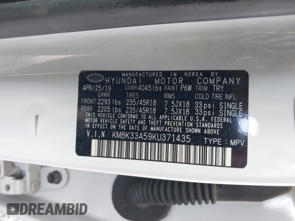 2019 Hyundai Kona Limited with VIN KM8K33A59KU371435, listed as a IAAI auction lot 41217772 with 72,454 mi miles. Bid and sale history available at carsss.com. Image 9.