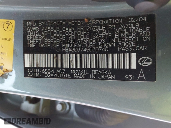 2004 Lexus ES 350 with VIN JTHBA30G745030740, listed as a IAAI auction lot 42649513 with 279,164 mi miles and . Bid and sale history available at DreamBid. Image 9.