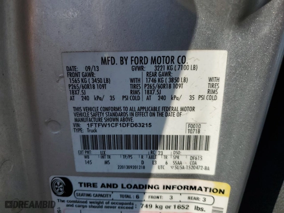 2013 Ford F-150 XL with VIN 1FTFW1CF1DFD63215, listed as a Copart auction lot 42959175 with 174,448 mi miles and Salvage Title. Bid and sale history available at carsss.com. Image 12.
