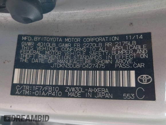 2015 Toyota Prius Four z VIN JTDKN3DU8F0427475, wystawiony jako IAAI lot #42338538 z przebiegiem 295 283 mil mil oraz . Historia ofert i sprzedaży dostępna na DreamBid. Obrazek 9.