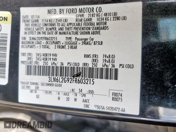 2015 Lincoln MKZ with VIN 3LN6L2G92FR603215, listed as a Copart auction lot 62034375 with 172,298 mi miles and Clean title. Bid and sale history available at DreamBid. Image 12.