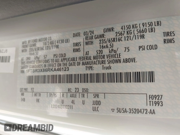 2024 Ford Transit Cargo with VIN 1FTBR3X86RKA46123, listed as a IAAI auction lot 42490695 with 13,258 mi miles and . Bid and sale history available at DreamBid. Image 9.