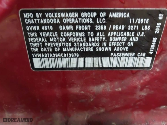 2016 Volkswagen Passat 1.8T S with VIN 1VWAS7A39GC013979, listed as a IAAI auction lot 41533003 with 162,746 mi miles. Bid and sale history available at carsss.com. Image 9.