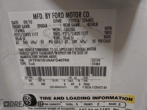 2010 Ford F-150 XL with VIN 1FTFW1EV6AFD40769, listed as a IAAI auction lot 41515740 with 253,234 mi miles. Bid and sale history available at carsss.com. Image 9.
