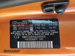 2016 Hyundai Veloster with VIN KMHTC6AD4GU299905, listed as a Copart auction lot 70453733 with 72,665 mi miles. Bid and sale history available at carsss.com. Image 12.