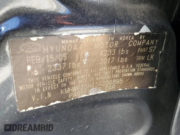 2005 Hyundai Sonata GLS with VIN KMHWF35H45A206895, listed as a Copart auction lot 49910754 with 111,922 mi miles and Non Repairable. Bid and sale history available at carsss.com. Image 12.