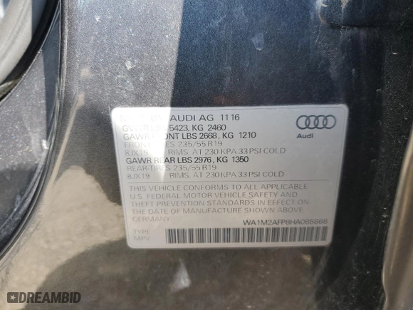2017 Audi Q5 Premium Plus with VIN WA1M2AFP8HA085868, listed as a Copart auction lot 50758155 with 208,028 mi miles and Clean Title. Bid and sale history available at carsss.com. Image 13.