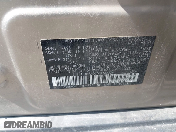2016 Subaru Outback Premium z VIN 4S4BSACC7G3233330, wystawiony jako IAAI lot #42151816 z przebiegiem 90 494 mil mil oraz . Historia ofert i sprzedaży dostępna na DreamBid. Obrazek 9.