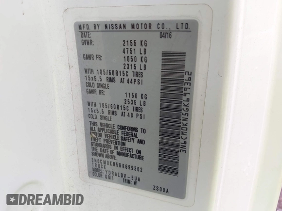 2016 Nissan NV200 S with VIN 3N6CM0KN5GK699362, listed as a IAAI auction lot 42607977 with 279,989 mi miles and . Bid and sale history available at DreamBid. Image 9.