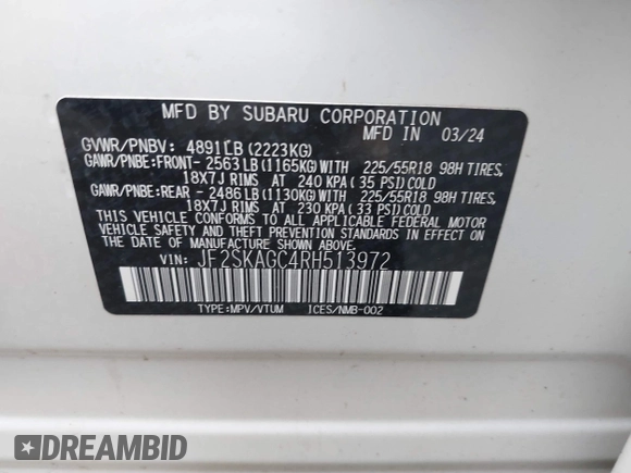 2024 Subaru Forester Sport with VIN JF2SKAGC4RH513972, listed as a IAAI auction lot 41701045 with 29,495 mi miles. Bid and sale history available at carsss.com. Image 9.