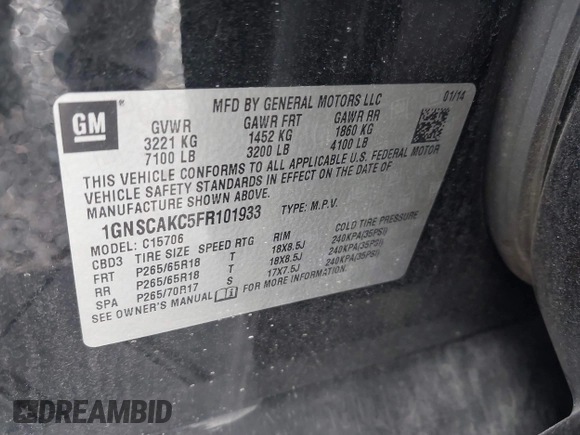 2015 Chevrolet Tahoe LS с VIN 1GNSCAKC5FR101933, выставлен на аукционе IAAI как лот 42242415 с пробегом 185 191 миль миль и . История ставок и продаж доступна на DreamBid. Изображение 9.