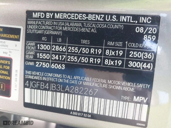2020 Mercedes-Benz GLE with VIN 4JGFB4JB3LA282267, listed as a IAAI auction lot 41998557 with 49,440 mi miles. Bid and sale history available at carsss.com. Image 9.