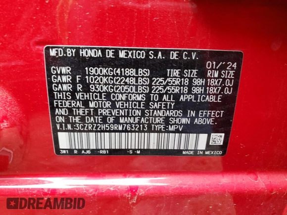 2024 Honda HR-V Sport with VIN 3CZRZ2H59RM763213, listed as a Copart auction lot 52388375 with 65,860 mi miles and Salvage title. Bid and sale history available at DreamBid. Image 12.