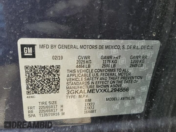 2019 GMC Terrain SLE with VIN 3GKALMEVXKL294556, listed as a Copart auction lot 56717225 with 88,503 mi miles and Salvage title. Bid and sale history available at DreamBid. Image 14.