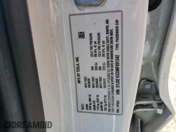 2021 Tesla Model 3 Performance with VIN 5YJ3E1ECXMF091342, listed as a Copart auction lot 49987595 with 120,881 mi miles and Salvage Title. Bid and sale history available at DreamBid. Image 14.