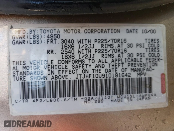 2001 Lexus RX 300 with VIN JTJHF10U910181642, listed as a Copart auction lot 52896115 with 187,019 mi miles and Salvage Title. Bid and sale history available at DreamBid. Image 13.