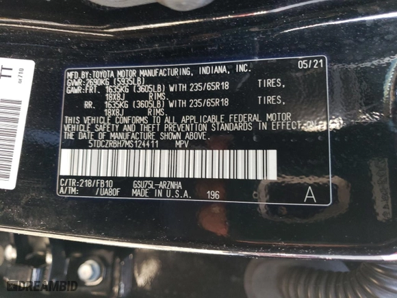 2021 Toyota Highlander L with VIN 5TDCZRBH7MS124411, listed as a Copart auction lot 44860965 with 47,504 mi miles and Salvage Title. Bid and sale history available at carsss.com. Image 14.