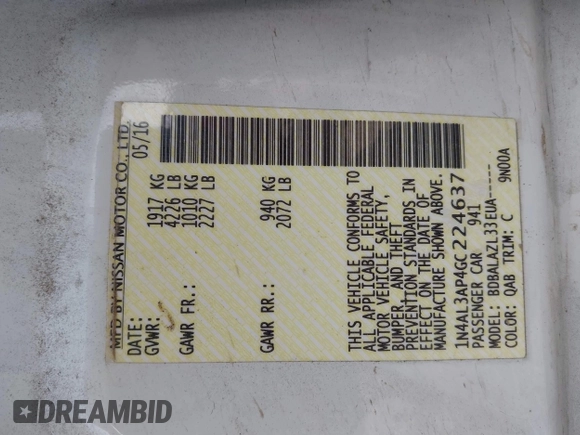2016 Nissan Altima S with VIN 1N4AL3AP4GC224637, listed as a IAAI auction lot 41879276 with 98,050 mi miles and . Bid and sale history available at DreamBid. Image 9.