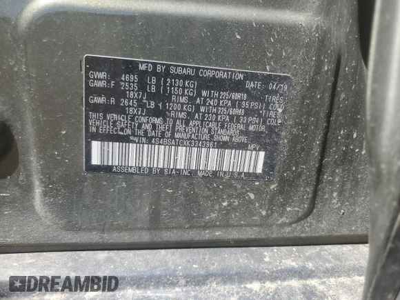 2019 Subaru Outback Touring z VIN 4S4BSATCXK3343961, wystawiony jako Copart lot #56725725 z przebiegiem 79 601 mil mil oraz Szkoda całkowita • Salvage title. Historia ofert i sprzedaży dostępna na DreamBid. Obrazek 14.