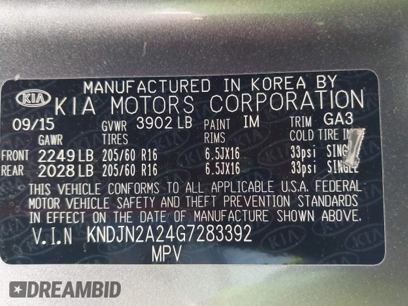 2016 Kia Soul with VIN KNDJN2A24G7283392, listed as a IAAI auction lot 42033055 with 17,237 mi miles and . Bid and sale history available at DreamBid. Image 9.