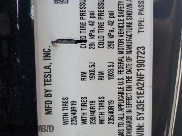 2022 Tesla Model 3 with VIN 5YJ3E1EA2NF190723, listed as a Copart auction lot 46470015 with 108,626 mi miles and Salvage Title. Bid and sale history available at DreamBid. Image 13.
