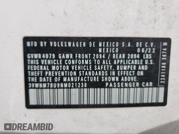 2022 Volkswagen Jetta z VIN 3VWNM7BU9NM021238, wystawiony jako Copart lot #58724755 z przebiegiem 35 889 mil mil oraz Czysty tytuł • Clean title. Historia ofert i sprzedaży dostępna na DreamBid. Obrazek 12.