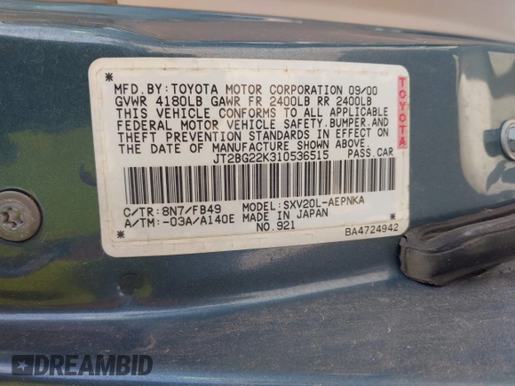 2001 Toyota Camry CE z VIN JT2BG22K310536515, wystawiony jako IAAI lot #42409847 z przebiegiem 205 978 mil mil oraz . Historia ofert i sprzedaży dostępna na DreamBid. Obrazek 9.