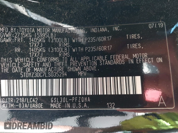 2020 Toyota Sienna XLE Auto Access Seat with VIN 5TDYZ3DC7LS035294, listed as a IAAI auction lot 42557047 with 38,986 mi miles and . Bid and sale history available at DreamBid. Image 9.