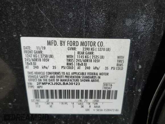 2020 Ford Edge SEL с VIN 2FMPK3J92LBA30123, выставлен на аукционе Copart как лот 63192805 с пробегом 119 534 миль миль и Списание • Salvage title. История ставок и продаж доступна на DreamBid. Изображение 12.