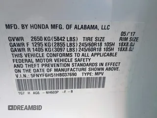 2017 Honda Pilot EX-L with VIN 5FNYF6H51HB037690, listed as a IAAI auction lot 41976359 with 126,055 mi miles and . Bid and sale history available at DreamBid. Image 9.