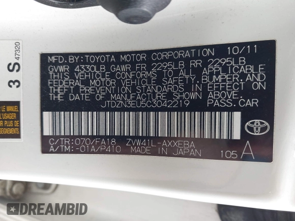 2012 Toyota Prius Two with VIN JTDZN3EU5C3042219, listed as a IAAI auction lot 42034267 with 161,393 mi miles and . Bid and sale history available at DreamBid. Image 9.