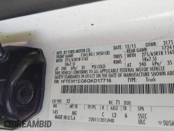 2016 Ford F-150 XLT с VIN 1FTEW1EG6GKD17716, выставлен на аукционе IAAI как лот 42184556 с пробегом 125 965 миль миль и . История ставок и продаж доступна на DreamBid. Изображение 9.