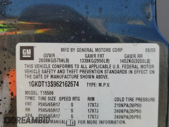 2006 GMC Envoy SLT with VIN 1GKDT13S962162674, listed as a Copart auction lot 46072515 with 193,502 mi miles and Salvage Title. Bid and sale history available at DreamBid. Image 13.