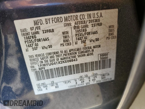 2002 Ford Escape XLT Choice with VIN 1FMYU041X2KE08843, listed as a Copart auction lot 49294115 with 177,128 mi miles and Salvage Title. Bid and sale history available at carsss.com. Image 12.