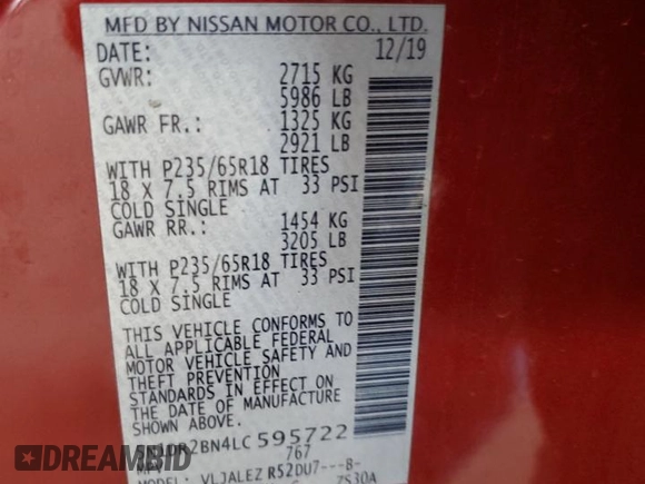 2020 Nissan Pathfinder SV with VIN 5N1DR2BN4LC595722, listed as a Copart auction lot 61621195 with 104,110 mi miles and Salvage title. Bid and sale history available at DreamBid. Image 13.