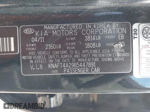 2011 Kia Forte LX with VIN KNAFT4A29B5447891, listed as a IAAI auction lot 42066343 with 166,773 mi miles. Bid and sale history available at carsss.com. Image 9.