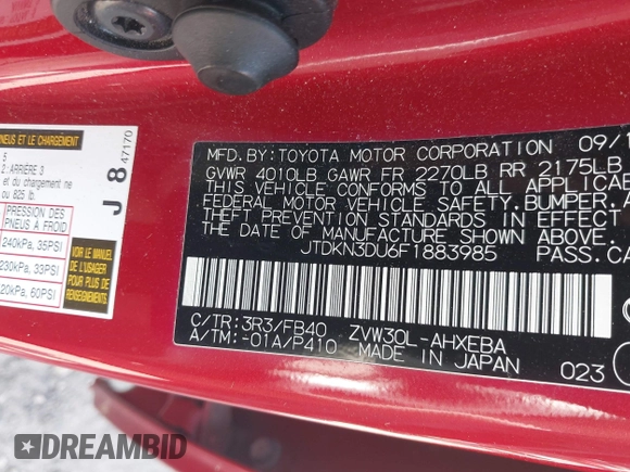 2015 Toyota Prius Four with VIN JTDKN3DU6F1883985, listed as a IAAI auction lot 42072673 with 129,117 mi miles and . Bid and sale history available at DreamBid. Image 9.