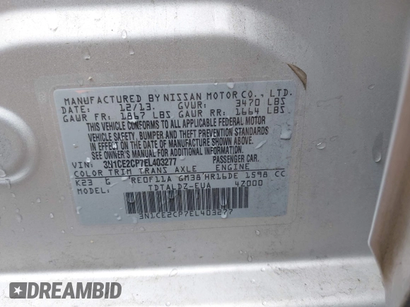 2014 Nissan Note S with VIN 3N1CE2CP7EL403277, listed as a IAAI auction lot 42183610 with 214,249 mi miles and . Bid and sale history available at DreamBid. Image 9.