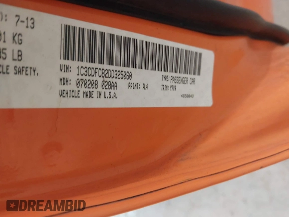 2013 Dodge Dart GT with VIN 1C3CDFCB2DD325060, listed as a IAAI auction lot 42447649 with Not provided miles and . Bid and sale history available at DreamBid. Image 9.