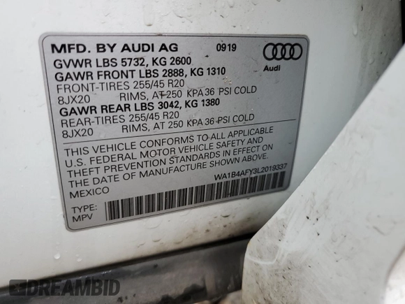 2020 Audi SQ5 Premium Plus with VIN WA1B4AFY3L2019337, listed as a Copart auction lot 52568604 with 50,777 mi miles and . Bid and sale history available at DreamBid. Image 14.