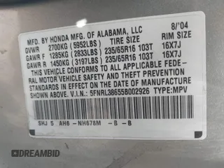 2005 Honda Odyssey EX-L with VIN 5FNRL38655B002926, listed as a IAAI auction lot 42137025 with 209,863 mi miles. Bid and sale history available at carsss.com. Image 9.