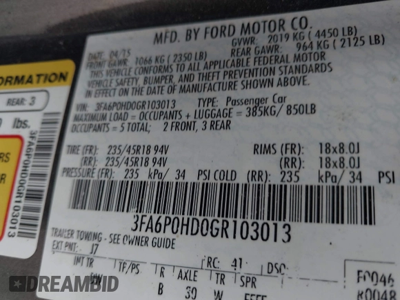 2016 Ford Fusion SE with VIN 3FA6P0HD0GR103013, listed as a IAAI auction lot 41920474 with 60,686 mi miles. Bid and sale history available at carsss.com. Image 9.