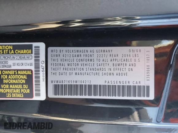 2009 Volkswagen Rabbit S with VIN WVWAB71K59W104212, listed as a Copart auction lot 46642025 with 149,001 mi miles and Salvage title. Bid and sale history available at DreamBid. Image 14.