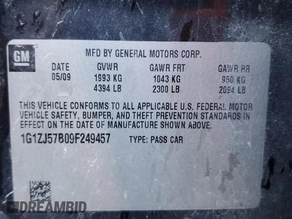 2009 Chevrolet Malibu 2LT with VIN 1G1ZJ57B09F249457, listed as a Copart auction lot 52223495 with 186,974 mi miles and Non Repairable. Bid and sale history available at DreamBid. Image 12.