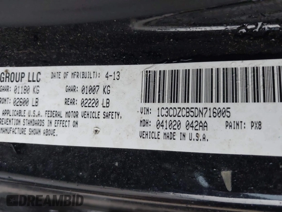 2013 Dodge Avenger SXT with VIN 1C3CDZCB5DN716005, listed as a IAAI auction lot 42644469 with 205,527 mi miles and . Bid and sale history available at DreamBid. Image 9.