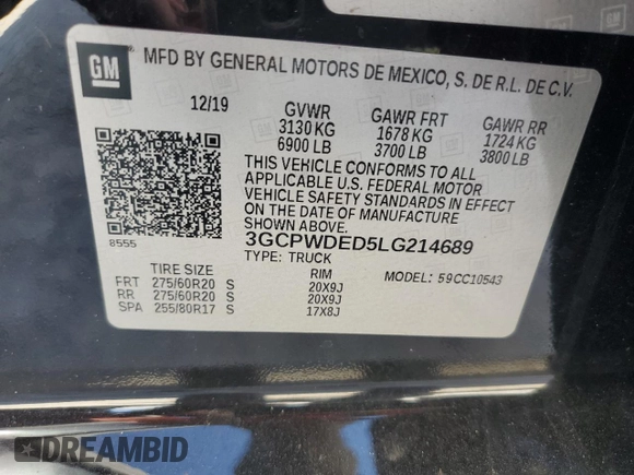 2020 Chevrolet Silverado 1500 RST with VIN 3GCPWDED5LG214689, listed as a Copart auction lot 76002194 with Not Provided miles and Non Repairable. Bid and sale history available at DreamBid. Image 13.