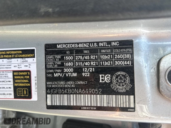 2022 Mercedes-Benz GLE 450 with VIN 4JGFB5KB0NA649052, listed as a Copart auction lot 64226345 with Not provided miles and Clean title. Bid and sale history available at DreamBid. Image 10.