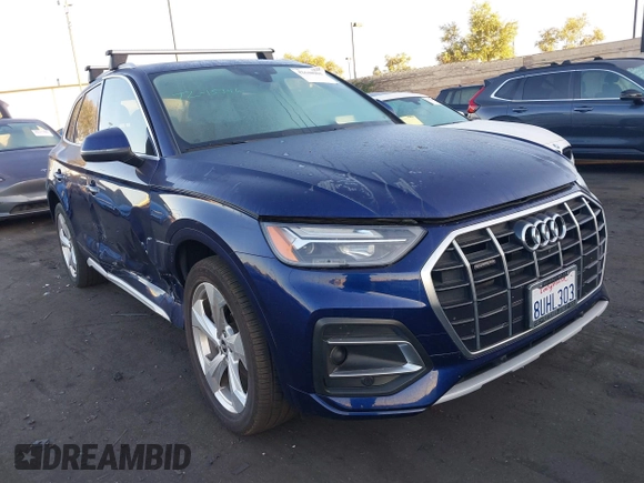 2021 Audi Q5 Premium Plus with VIN WA1BAAFY5M2015445, listed as a IAAI auction lot 42648905 with 41,312 mi miles and . Bid and sale history available at DreamBid. Image 1.